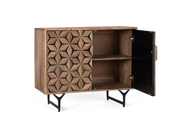 GINER Y COLOMER - Buffet 2 portes en bois de manguier et métal, sculpté à la main - Dimensions avec pattes 17cm - Fermeture magnétique